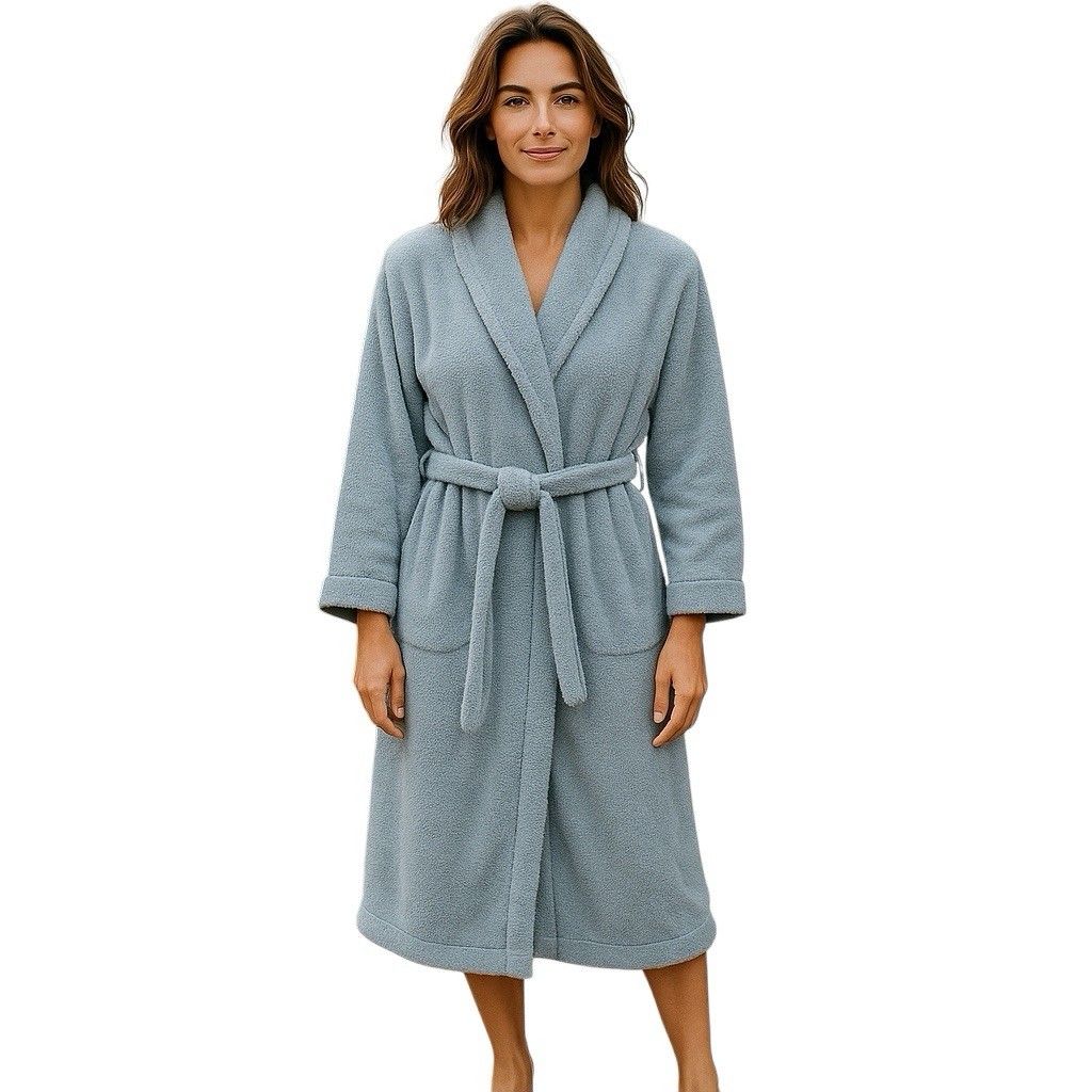 J.Jill Ultrasoft Fluffy Midi Robe W/Tie Shawl Collar Pockets Blue Womens Medium